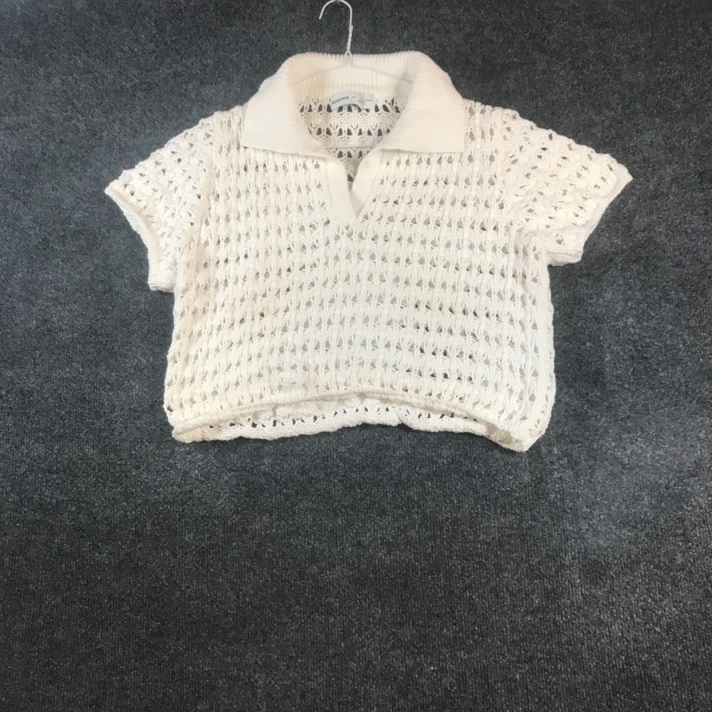 Bershka Cropped Polo Sweater Womens Large Cream Open Knit Collared Boho